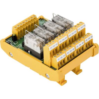 Module de relais avec bornes enfichables, boîtier jaune. Plusieurs relais sont visibles, avec des bornes numérotées pour les connexions électriques.
