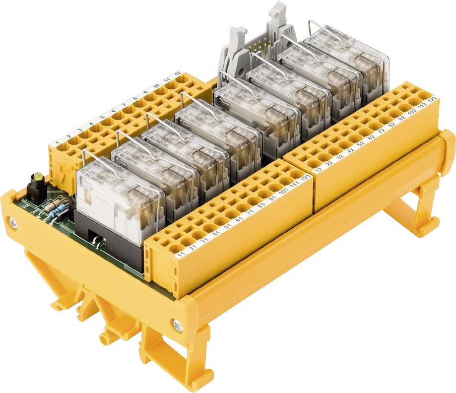 Un module relais jaune avec plusieurs relais transparents est installé sur un rail DIN. Il dispose de bornes de connexion latérales.