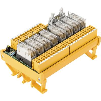 Un module de relais jaune à huit relais, monté sur un rail DIN, est présenté. Il est conçu pour des circuits électroniques.
