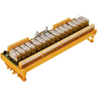 Série de relais sur une plaque support jaune, formant ensemble une interface de commutation pour des connexions électriques.