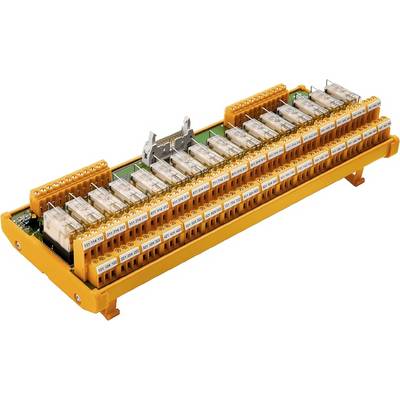 Un module de relais électrique jaune avec plusieurs relais disposés en deux rangées, utilisé dans le contrôle industriel pour commuter des circuits électriques.