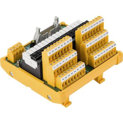 Connexion électrique avec des bornes jaunes sur un module de panneau de commande vert, adapté aux applications industrielles.