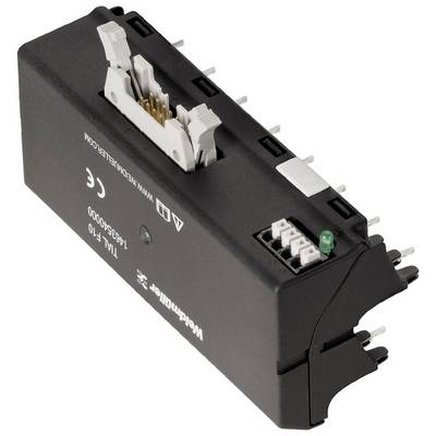 Un module électronique noir avec des connexions et un indicateur LED vert. En haut se trouve l'inscription « Weidmüller ».