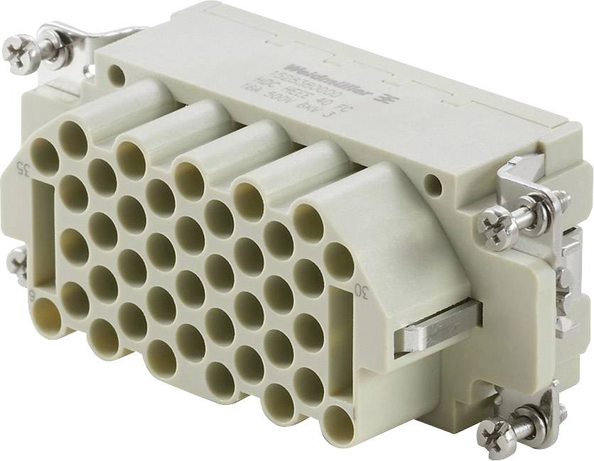 Un connecteur rectangulaire multipolaire avec plusieurs connexions rondes et des fixations à vis des deux côtés.
