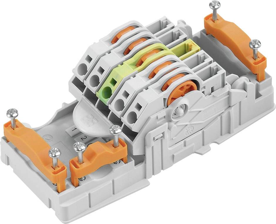 Connecteur électronique à plusieurs bornes et vis ; utilisé pour le raccordement de lignes électriques.