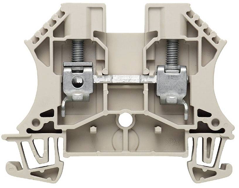 Un bloc de bornes électrique de couleur beige avec des vis métalliques pour la fixation des câbles dans les armoires électriques.