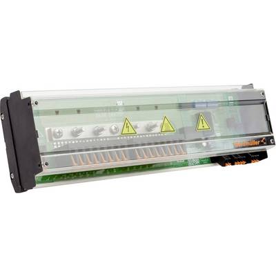 Un dispositif de protection contre les surtensions électriques avec un boîtier transparent, montrant les circuits internes et les symboles d'avertissement. Un support est visible à gauche.