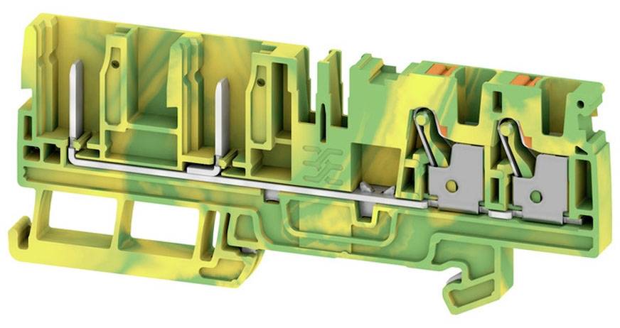 Boîtier de bornes vert-jaune avec insertions métalliques, probablement pour des connexions électriques, montrant des ouvertures et des points de fixation.