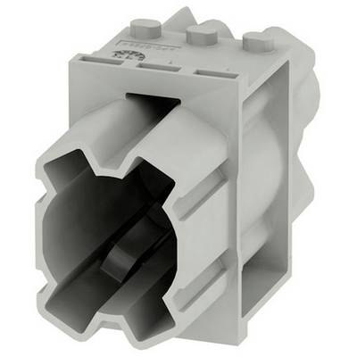 Un adaptateur en plastique gris avec une ouverture hexagonale et une surface supérieure structurée. Principalement utilisé pour les connexions électroniques.