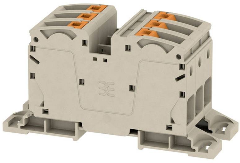 Un boîtier de bornes électriques gris et orange avec plusieurs points de connexion sur une plaque de montage.