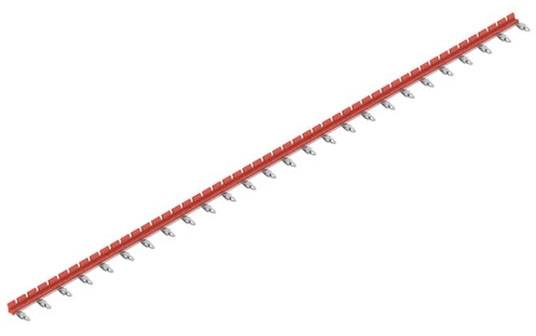Rail rouge, long et plat, pourvu de petits crochets réguliers sur sa face inférieure. Il peut servir à guider des câbles ou des tuyaux.
