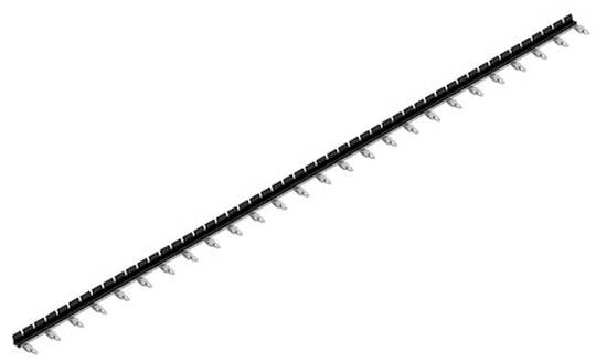 Long objet noir rayé avec des petits crochets régulièrement espacés, dirigés vers le bas.