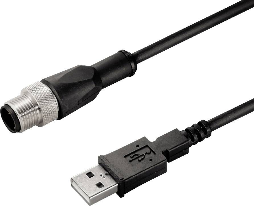 Câble USB avec un connecteur USB standard et une fiche ronde, typique des applications industrielles ou techniques spécialisées.