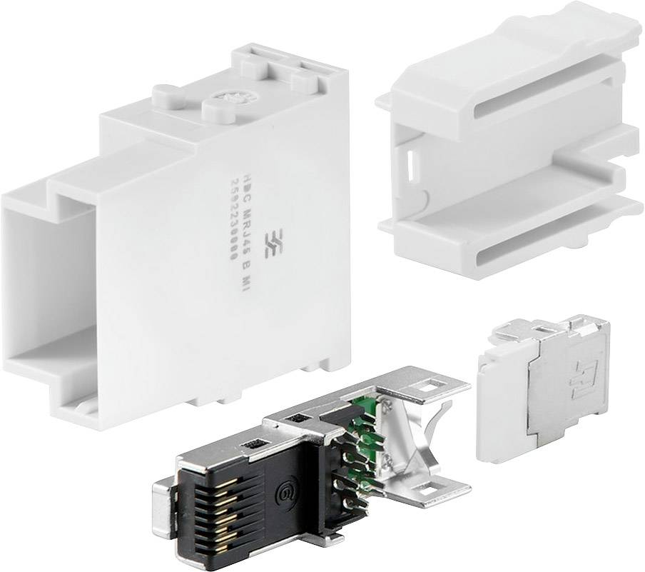 Plusieurs composants électriques blancs et connecteurs. Un gros plan montre les différentes pièces, prêtes pour l'assemblage ou la réparation.
