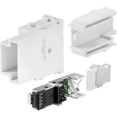 Plusieurs composants électriques blancs et connecteurs. Un gros plan montre les différentes pièces, prêtes pour l'assemblage ou la réparation.