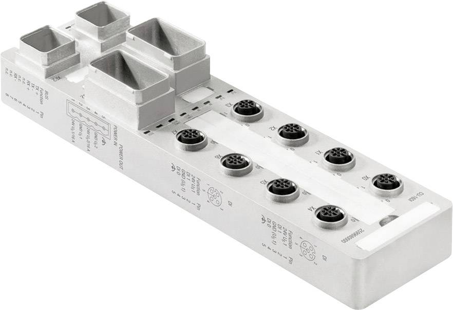 Un dispositif électronique rectangulaire avec plusieurs connexions rondes et deux grandes ouvertures rectangulaires, probablement destiné à des applications industrielles.