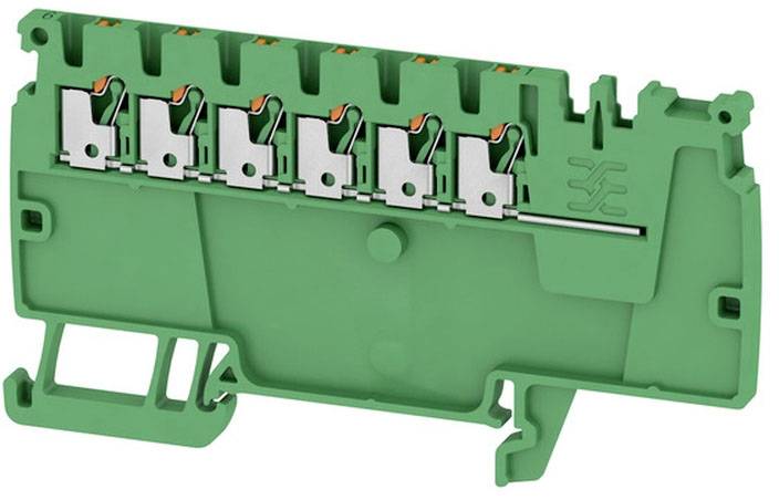 Connecteur électrique vert de type bornier à six bornes. Utilisé pour la connexion de câbles dans les installations électriques.