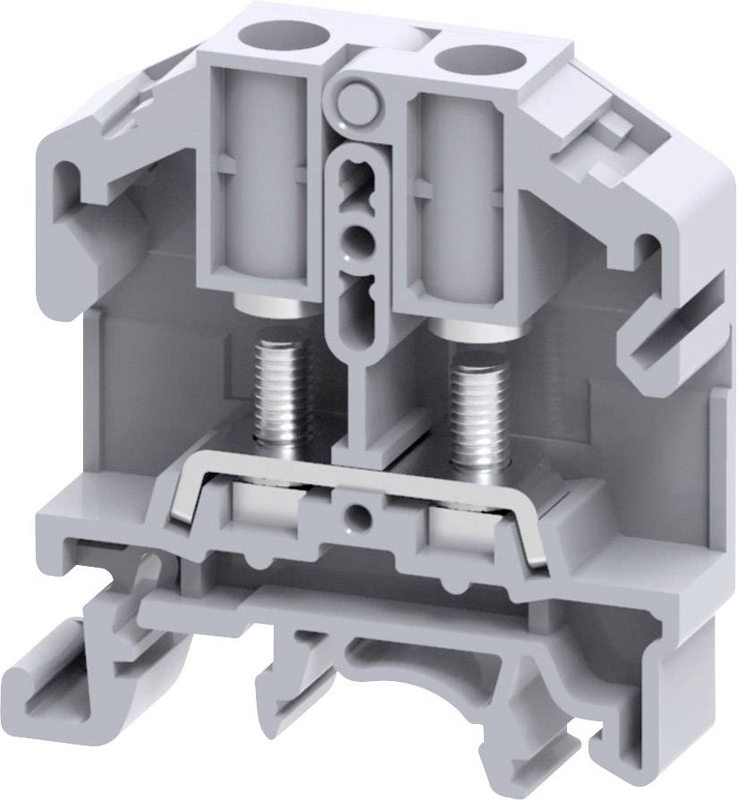 Vue latérale d'une barrette de connexion bipolaire grise. Deux vis de raccordement métalliques en haut, canaux de câblage en bas, conception compacte.