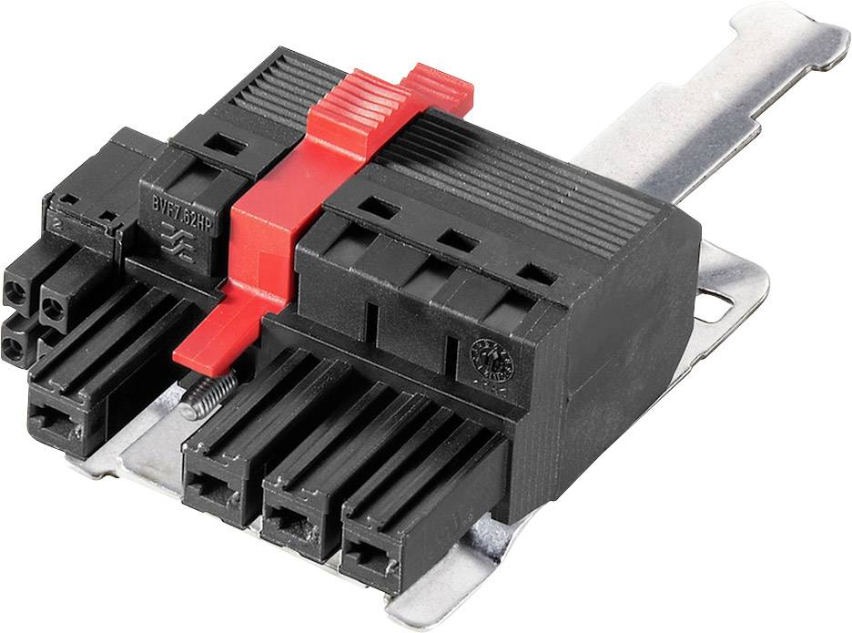 Connecteur électrique avec boîtier noir et verrouillage rouge pour une connexion sécurisée des câbles.