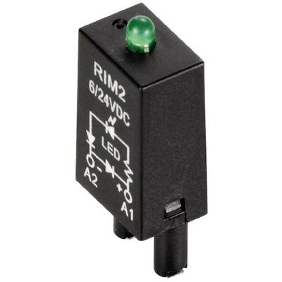 Un indicateur LED noir portant l'inscription 'RIM2 6/24VDC', représente un schéma électronique avec une LED verte en haut.