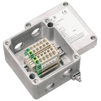 Boîtier métallique avec couvercle ouvert, montrant un bloc de bornes avec des connexions numérotées, adapté pour le câblage industriel.