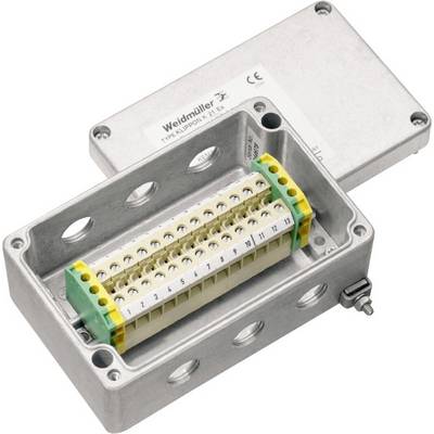 Une boîte de connexion électrique avec plusieurs bornes de couleurs codées et des trous pour le passage des câbles, adaptée aux applications industrielles.