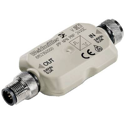 Composant électronique avec bornes, marqué 'Weidmüller', adapté pour 24VDC, flux de courant de 0,2A. Logos de degré de protection et certifications visibles.