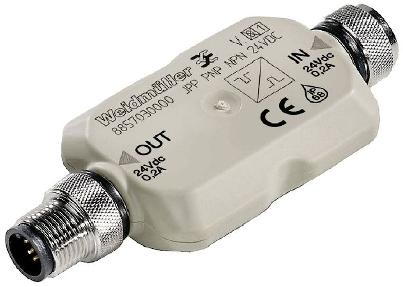 Un module de connexion électrique de Weidmüller avec plusieurs connexions enfichables, marquage CE et indications de tension et d'intensité de courant.