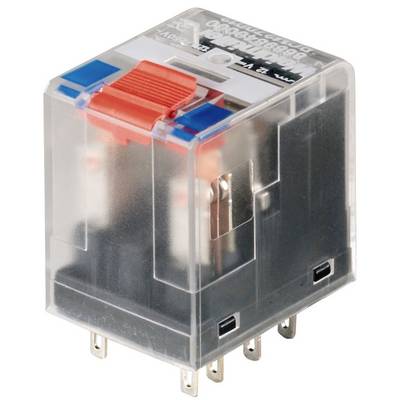 Relais industriels avec boîtier en plastique transparent, bornes visibles et leviers colorés pour le contrôle des circuits électriques.
