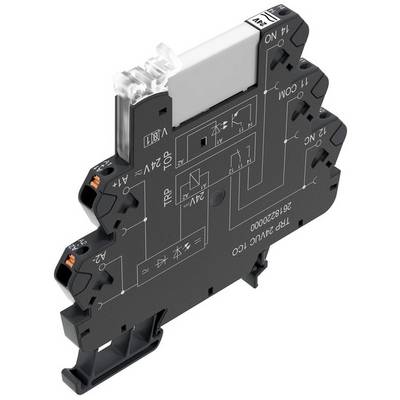 Module de relais électronique dans un boîtier noir avec des bornes de connexion blanches et un schéma de câblage schématique dessus.