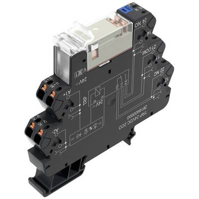 Un module de relais électronique avec un boîtier noir. Les impressions montrent des schémas électriques et des connexions pour différentes tensions.