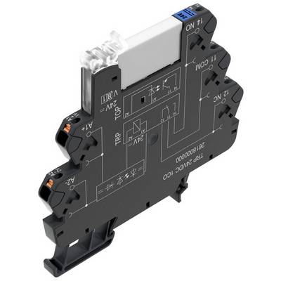 Composant électronique avec boîtier noir. Il présente des schémas de circuits électriques et des connexions pour 24V, avec des étiquettes sur sa surface.