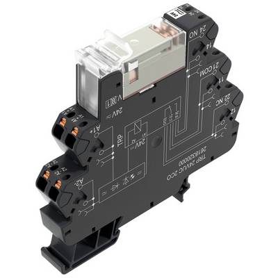 Un module relais, vu de côté, avec un schéma de câblage imprimé et plusieurs bornes de connexion pour les branchements électriques.