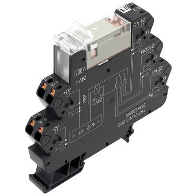 Un module de relais électronique avec plusieurs bornes et symboles de circuits sur sa surface. Il est conçu pour des systèmes de 24V.