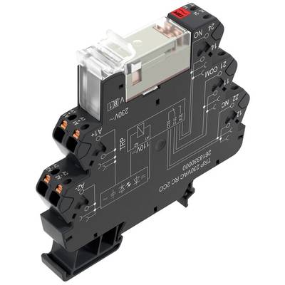 Un module de relais compact noir avec plusieurs bornes de connexion et des schémas de câblage illustrés, montrant des détails techniques.