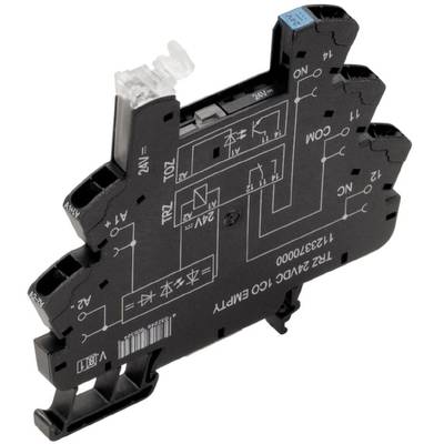 Bloc de relais électrique noir, rectangulaire, avec des schémas de câblage blancs et des marquages techniques sur sa surface.