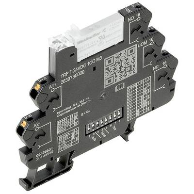 Module de relais électronique en noir avec plusieurs connexions et code QR. Étiqueté 'Wieland Electric' avec des données de tension.