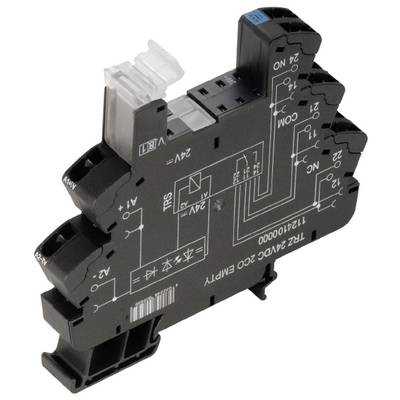 Module de relais électronique, noir, avec schéma de câblage et désignations de connexion sur la surface pour commandes 24V.