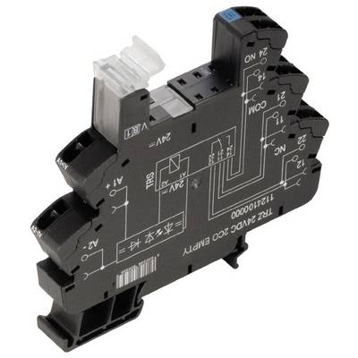 Module relais noir avec schéma de circuit imprimé et étiquettes. Il dispose de connexions pour +/−24V, sortie et entrée.
