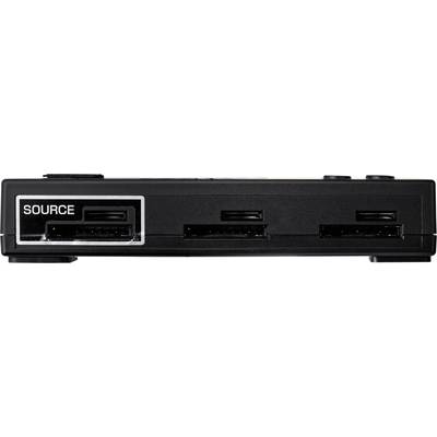 Appareil noir avec trois ports HDMI à l'avant, le port de gauche étant étiqueté « SOURCE ».