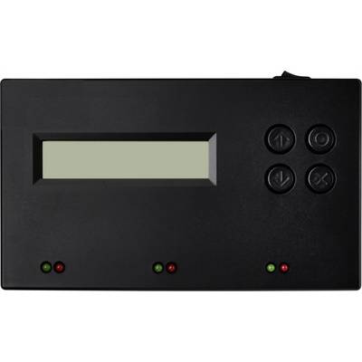 Panneau d'affichage électronique avec un écran et quatre touches à droite. Trois voyants LED en bas ; deux verts et un rouge.