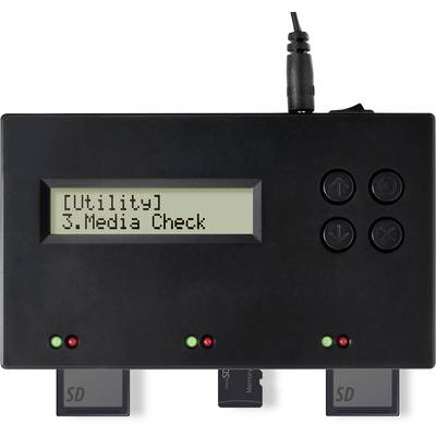 Un appareil électronique affiche sur l'écran 'Utilitaire - Vérification des médias 3'. Il possède des touches et des emplacements pour cartes SD pour la vérification des médias.