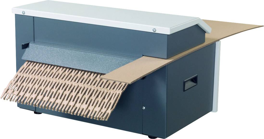 Un destructeur de carton avec un carton brun déchiqueté sortant de la machine.