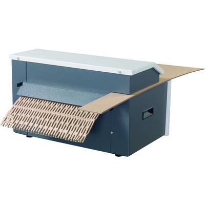 Un destructeur de carton avec un carton brun déchiqueté sortant de la machine.