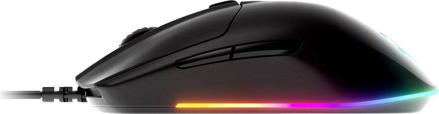 Souris de gaming noire au design ergonomique, éclairée par une bande lumineuse RVB sur le côté et dotée de plusieurs boutons.
