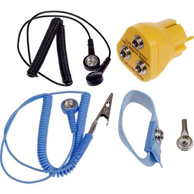 Bracelet antistatique, câble avec pince crocodile et écouteur, utilisé pour dissiper les charges électrostatiques dans les zones techniques.