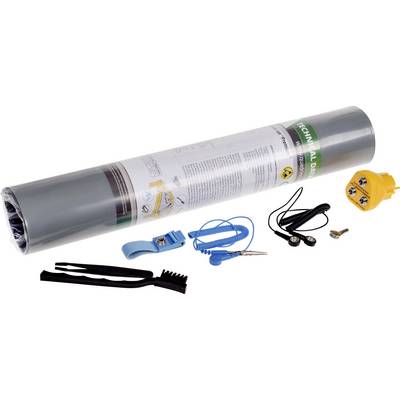 Tapis de chauffage au sol gris avec accessoires tels que brosse, attaches de câbles et adaptateur de connexion électrique.