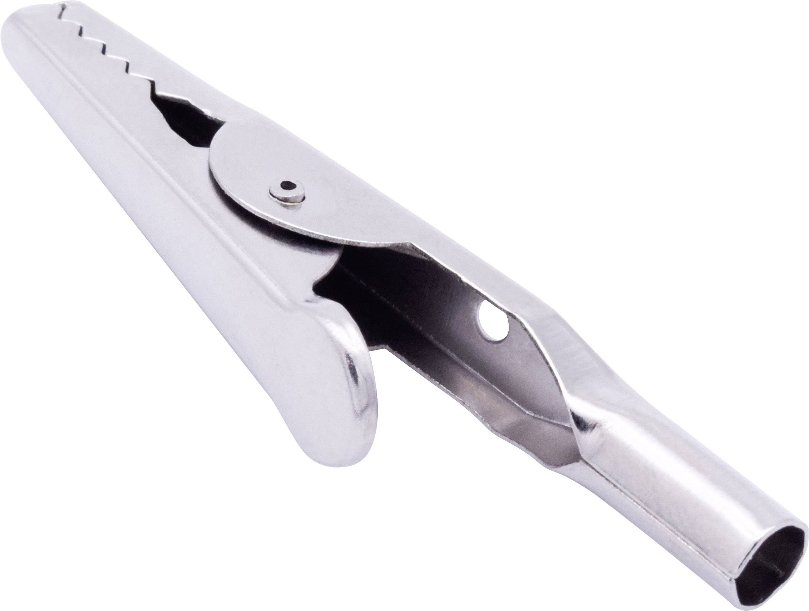 Pince crocodile métallique en argent. Fréquemment utilisée dans les travaux électroniques et manuels pour sécuriser les connexions.