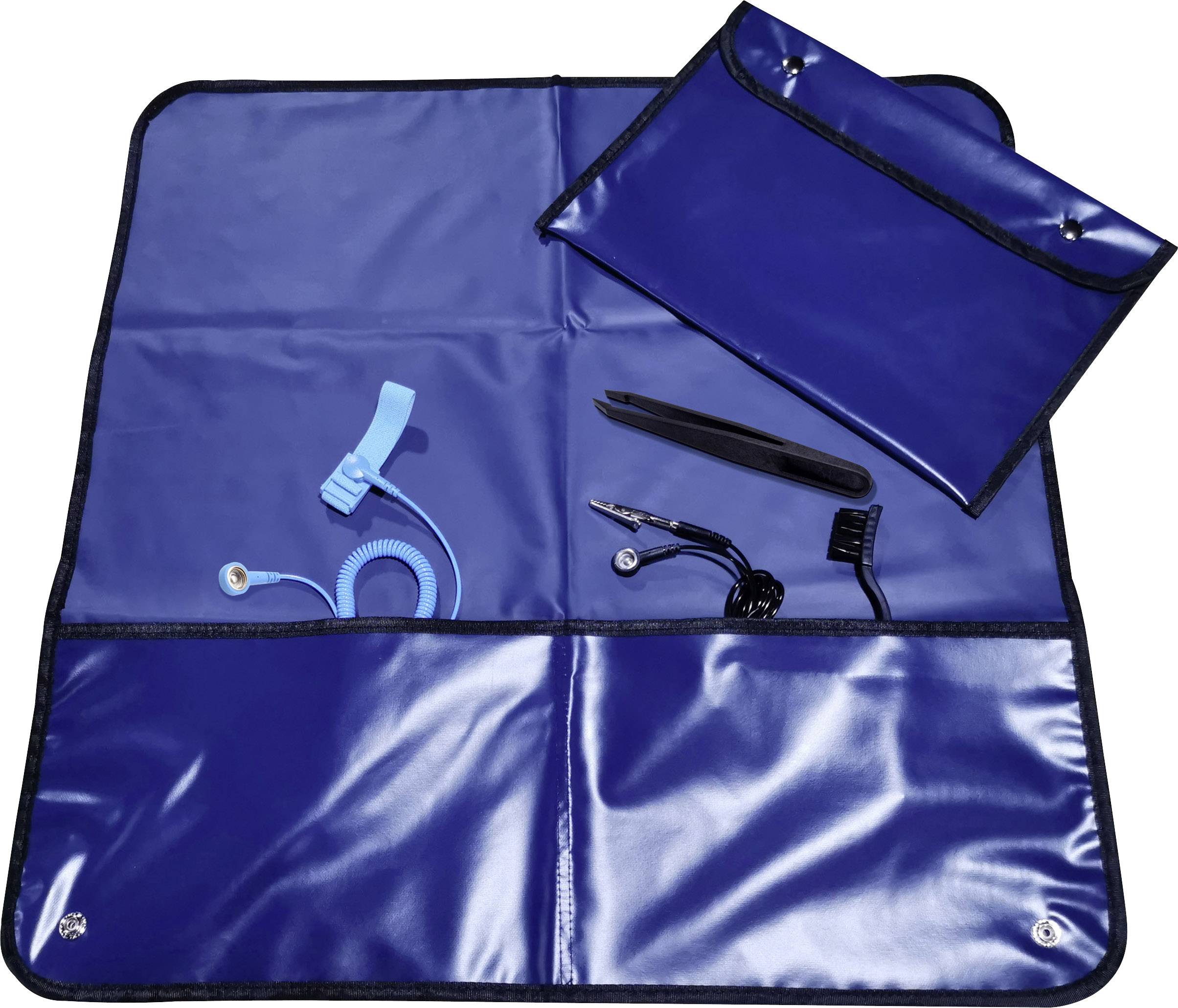 Tapis bleu antistatique avec accessoires : câble de mise à la terre, bracelet, pince et sachet. Adapté pour la décharge électrostatique.