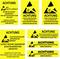 Panneaux d'avertissement pour les zones à risque électrostatique. Jaune avec symbole noir. Consignes de prudence pour la protection des composants.